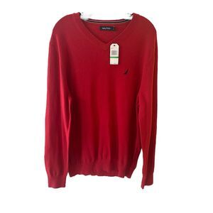 Nautica Red V Neck 100% Cotton Men Sweater Sz L